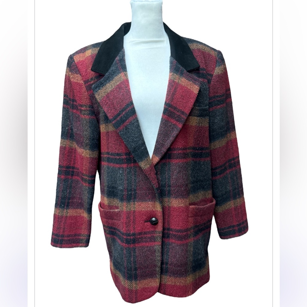 JL Colebrook Wool Blend Jacket Suede Collar Red Plaid Outdoor 90s Med